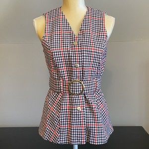 Vintage 1970s Button Up Sleeveless Top W/ Belt V neck Black White Red - READ